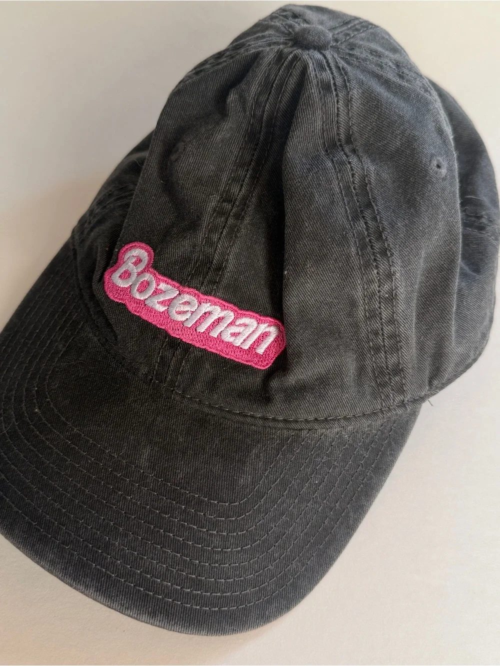 Bozeman Montana Barbie style Embroidered Baseball Cap in washed black cotton